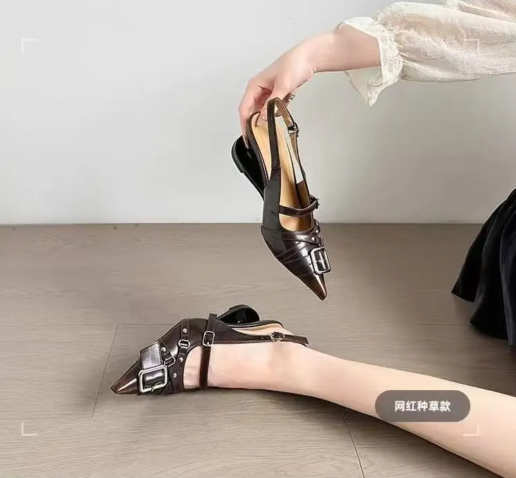 2026 New Pointed Toe High Heels Women Wear Belt Buckle Baotou Cold Slippers Half Drag Back Empty Single Shoes For Women Shoes