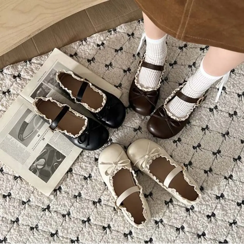 Lolita PU Leather JK Flat Shoes Bow Sweet Slip On Loafers Soft Sole Lace Ruffled Mary Jane Shoes Women