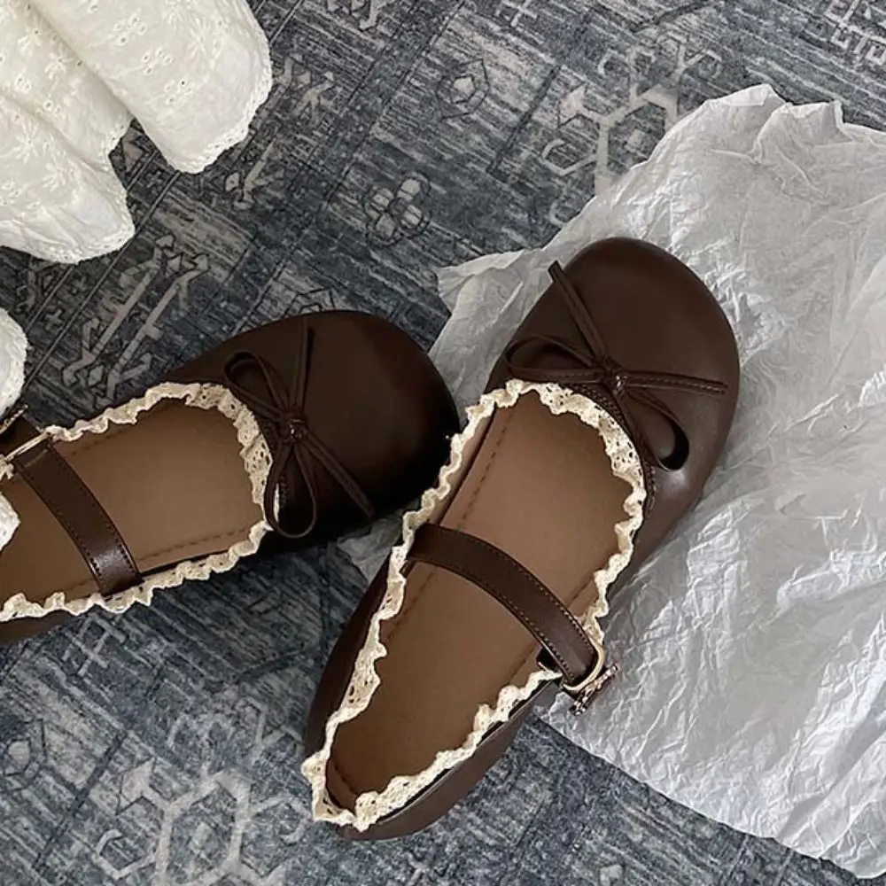 Lolita PU Leather JK Flat Shoes Bow Sweet Slip On Loafers Soft Sole Lace Ruffled Mary Jane Shoes Women