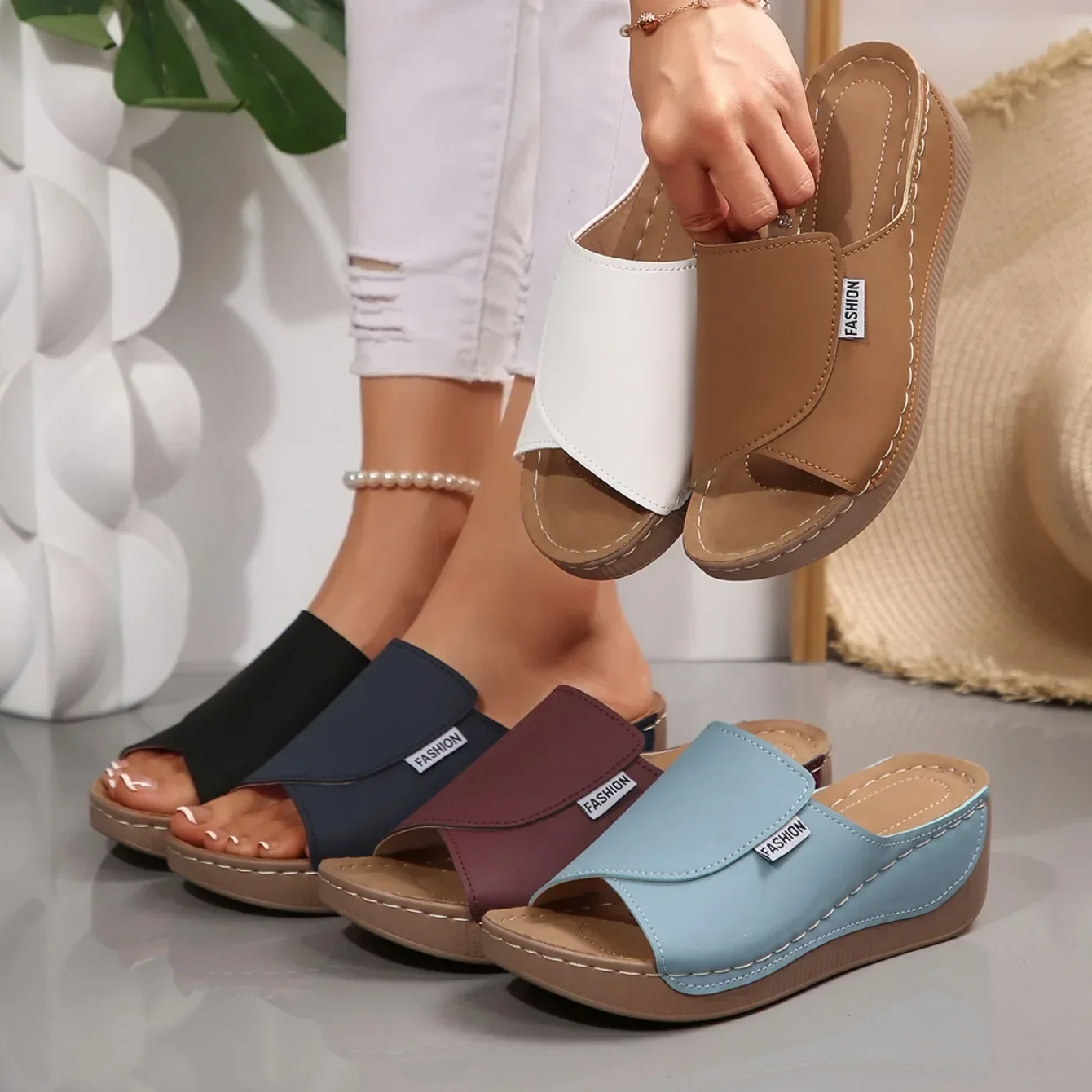 2026 Women Wedge Slippers New Fashion Summer Slippers Open Toe Breathable Sandals Comfortable Buckle Woman Shoes Slides Women