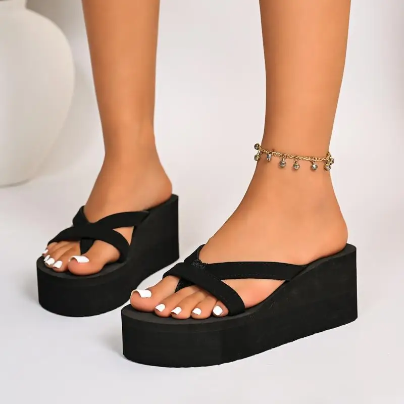 Women's Black Concise Chunky Platform Flip-Flops Summer 2026 Clip Toe Slip On Wedge Heel Sandals Woman Comforttable Light Slides