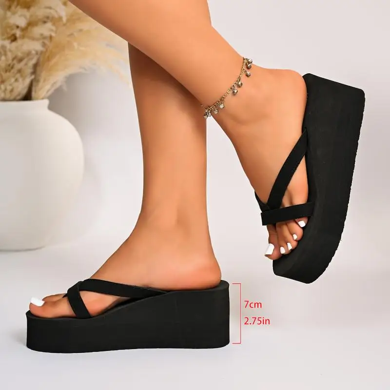 Women's Black Concise Chunky Platform Flip-Flops Summer 2026 Clip Toe Slip On Wedge Heel Sandals Woman Comforttable Light Slides