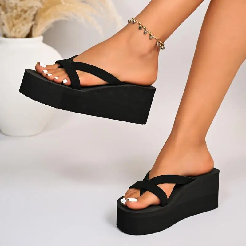Women's Black Concise Chunky Platform Flip-Flops Summer 2026 Clip Toe Slip On Wedge Heel Sandals Woman Comforttable Light Slides