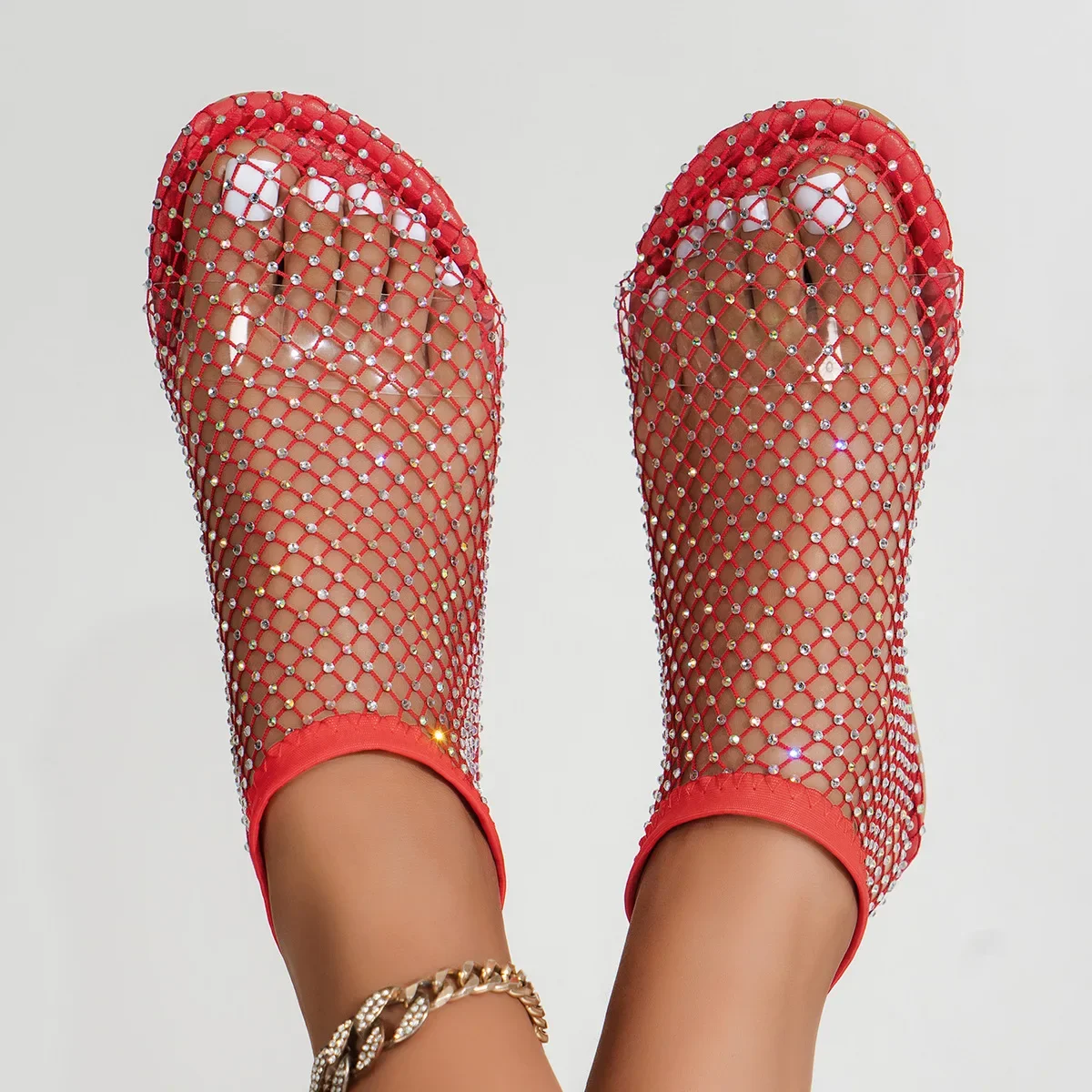2025 Summer Women's New Round Toe Flat Bottom Sandals Hollow Short Boots Water Diamond Sexy Flat Bottom Fashion Banquet Slippers