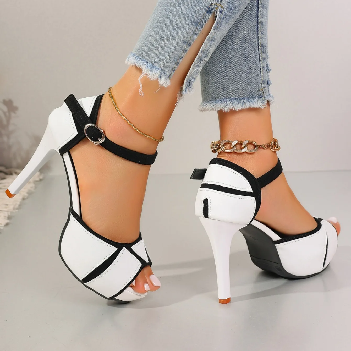 Women's Sandals Colorblock Peep Toe Platform Pumps Summer Fight Color Shoes Fish Mouth High Heels Sexy Thin Heels Dress Shoes