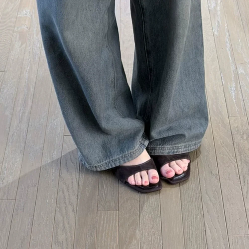 2026 Summer Women Heels Sandals Square Toe Open Toe Comfy Casual Slides Ladies Brown Fashion Women Kitten Heel Slippers