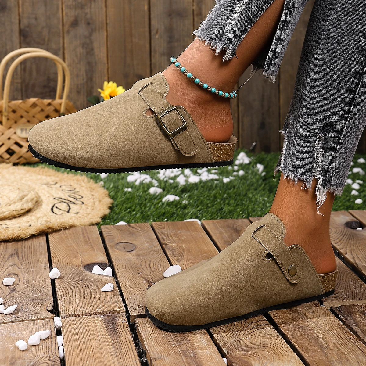 Cork Footbed Clogs for Women Men Fashion Leather Mules Comfort Potato Shoes with Arch Support Indoor Outdoor Flat Slides