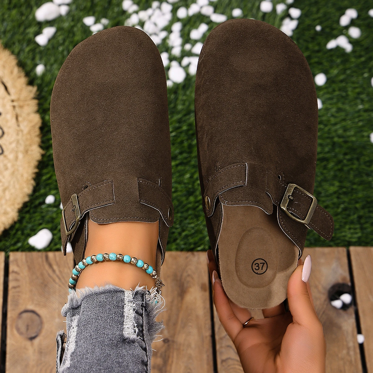 Cork Footbed Clogs for Women Men Fashion Leather Mules Comfort Potato Shoes with Arch Support Indoor Outdoor Flat Slides