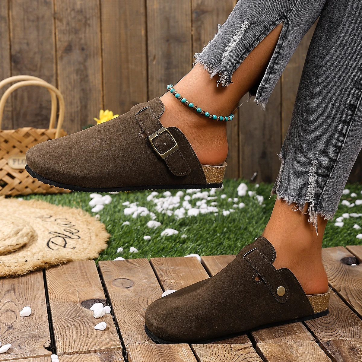 Cork Footbed Clogs for Women Men Fashion Leather Mules Comfort Potato Shoes with Arch Support Indoor Outdoor Flat Slides