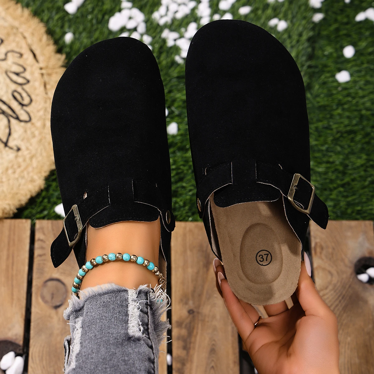 Cork Footbed Clogs for Women Men Fashion Leather Mules Comfort Potato Shoes with Arch Support Indoor Outdoor Flat Slides