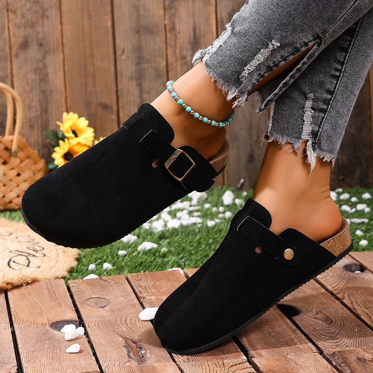 Cork Footbed Clogs for Women Men Fashion Leather Mules Comfort Potato Shoes with Arch Support Indoor Outdoor Flat Slides