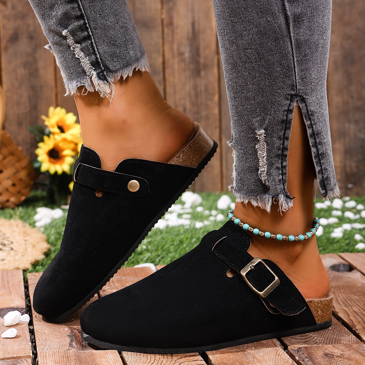 Cork Footbed Clogs for Women Men Fashion Leather Mules Comfort Potato Shoes with Arch Support Indoor Outdoor Flat Slides
