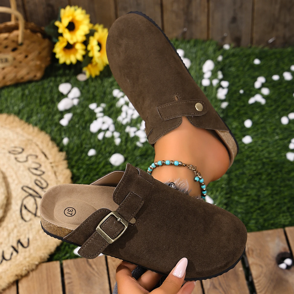 Cork Footbed Clogs for Women Men Fashion Leather Mules Comfort Potato Shoes with Arch Support Indoor Outdoor Flat Slides