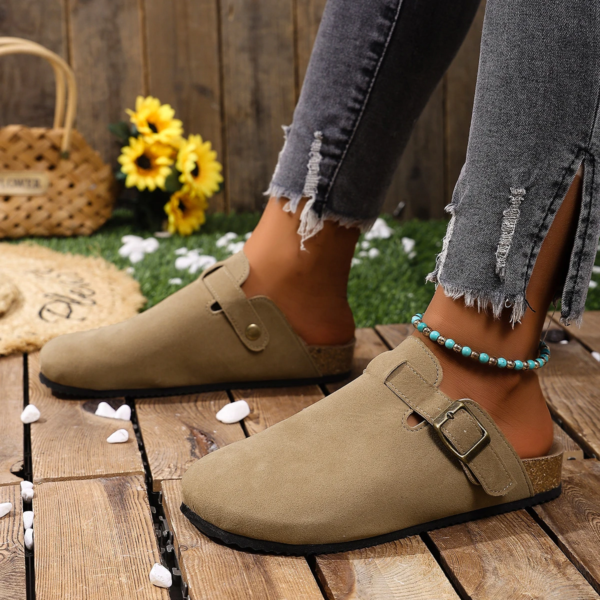 Cork Footbed Clogs for Women Men Fashion Leather Mules Comfort Potato Shoes with Arch Support Indoor Outdoor Flat Slides