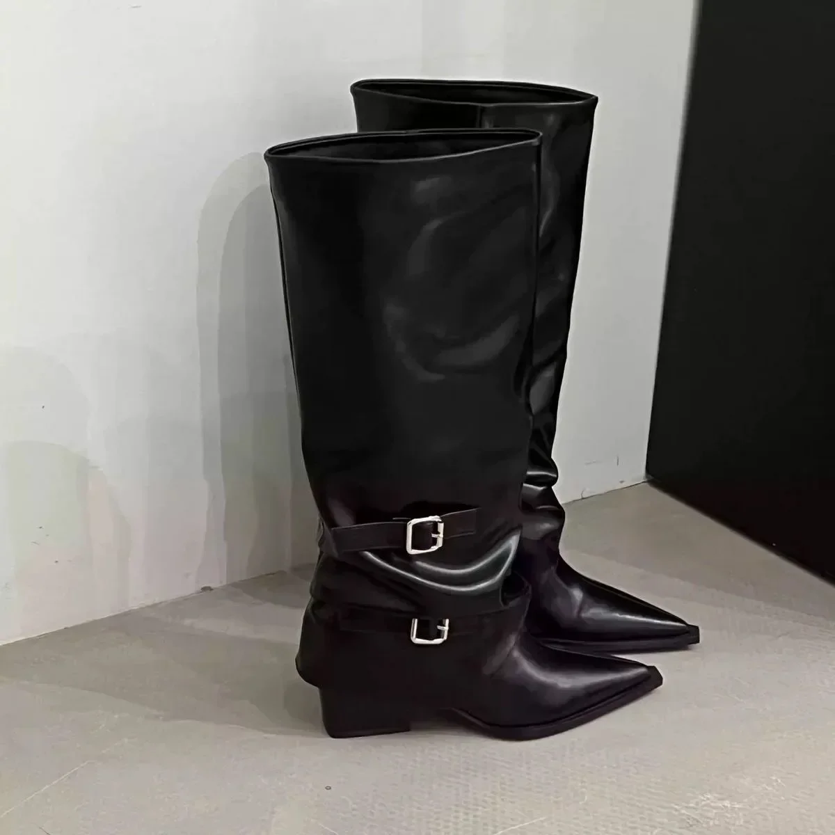 Vintage Thick Heel Woman Long Boots Shoes Spring Autumn Ladies Elegant Belt Buckle Knight Botas