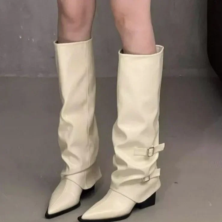 Vintage Thick Heel Woman Long Boots Shoes Spring Autumn Ladies Elegant Belt Buckle Knight Botas