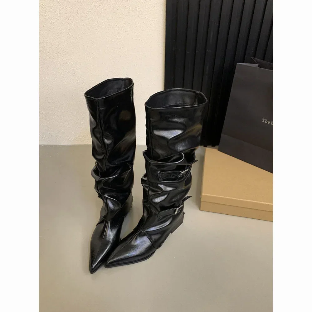 Vintage Thick Heel Woman Long Boots Shoes Spring Autumn Ladies Elegant Belt Buckle Knight Botas