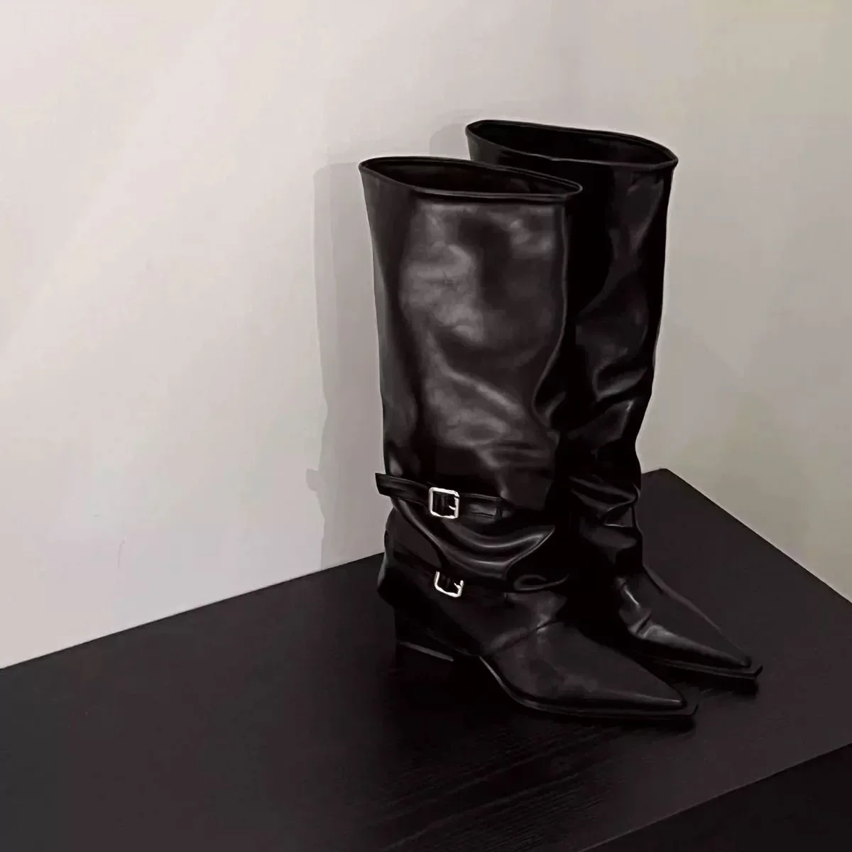 Vintage Thick Heel Woman Long Boots Shoes Spring Autumn Ladies Elegant Belt Buckle Knight Botas