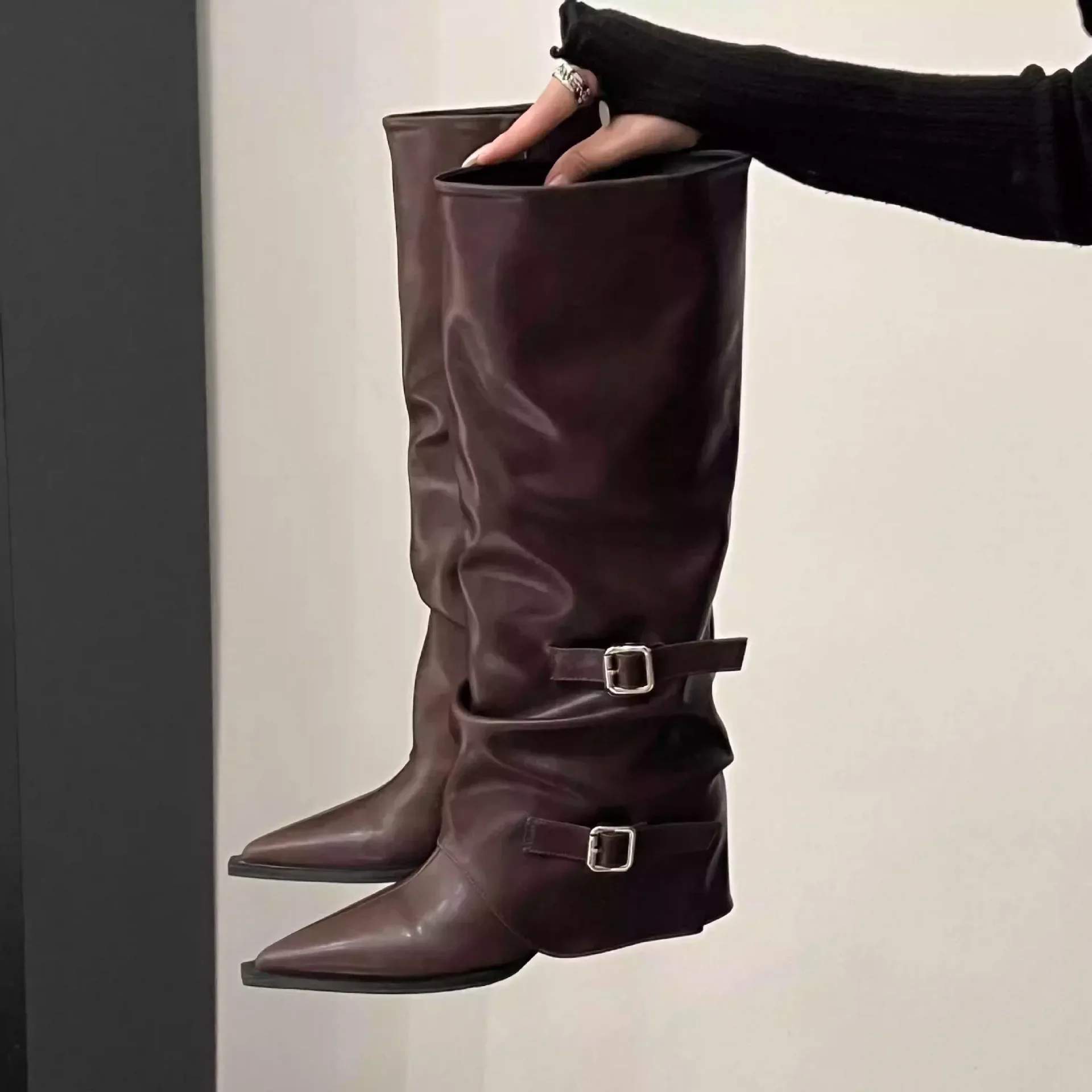 Vintage Thick Heel Woman Long Boots Shoes Spring Autumn Ladies Elegant Belt Buckle Knight Botas