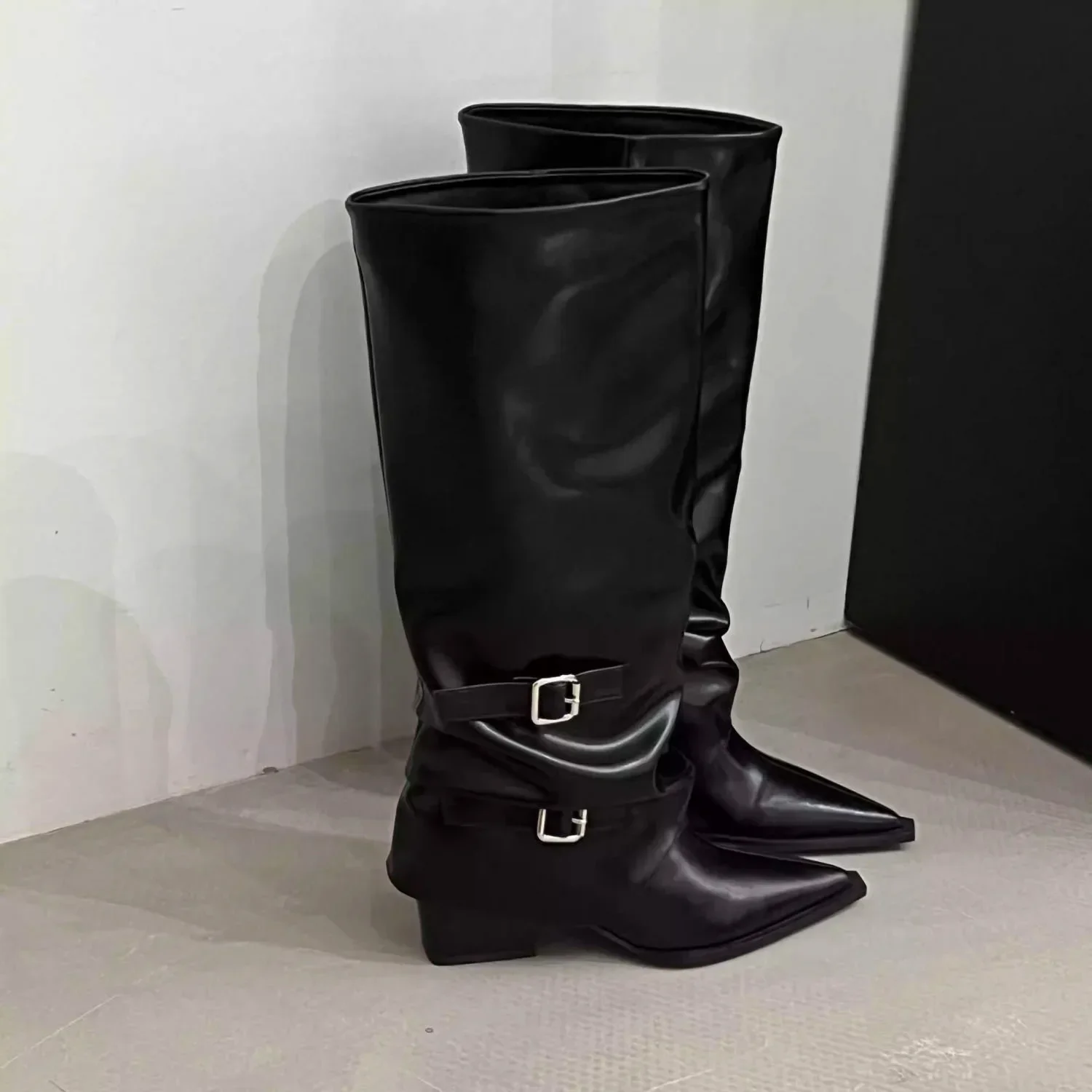 Vintage Thick Heel Woman Long Boots Shoes Spring Autumn Ladies Elegant Belt Buckle Knight Botas