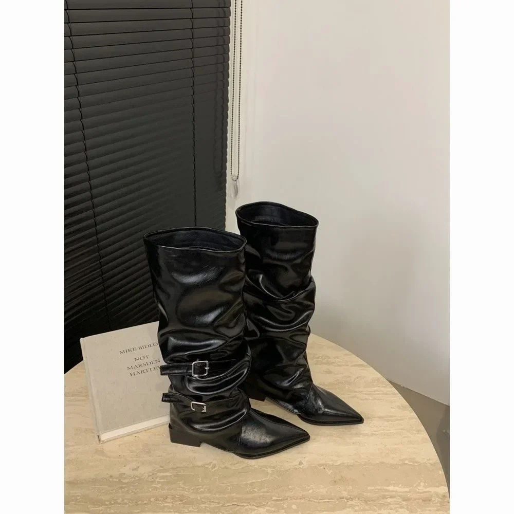 Vintage Thick Heel Woman Long Boots Shoes Spring Autumn Ladies Elegant Belt Buckle Knight Botas