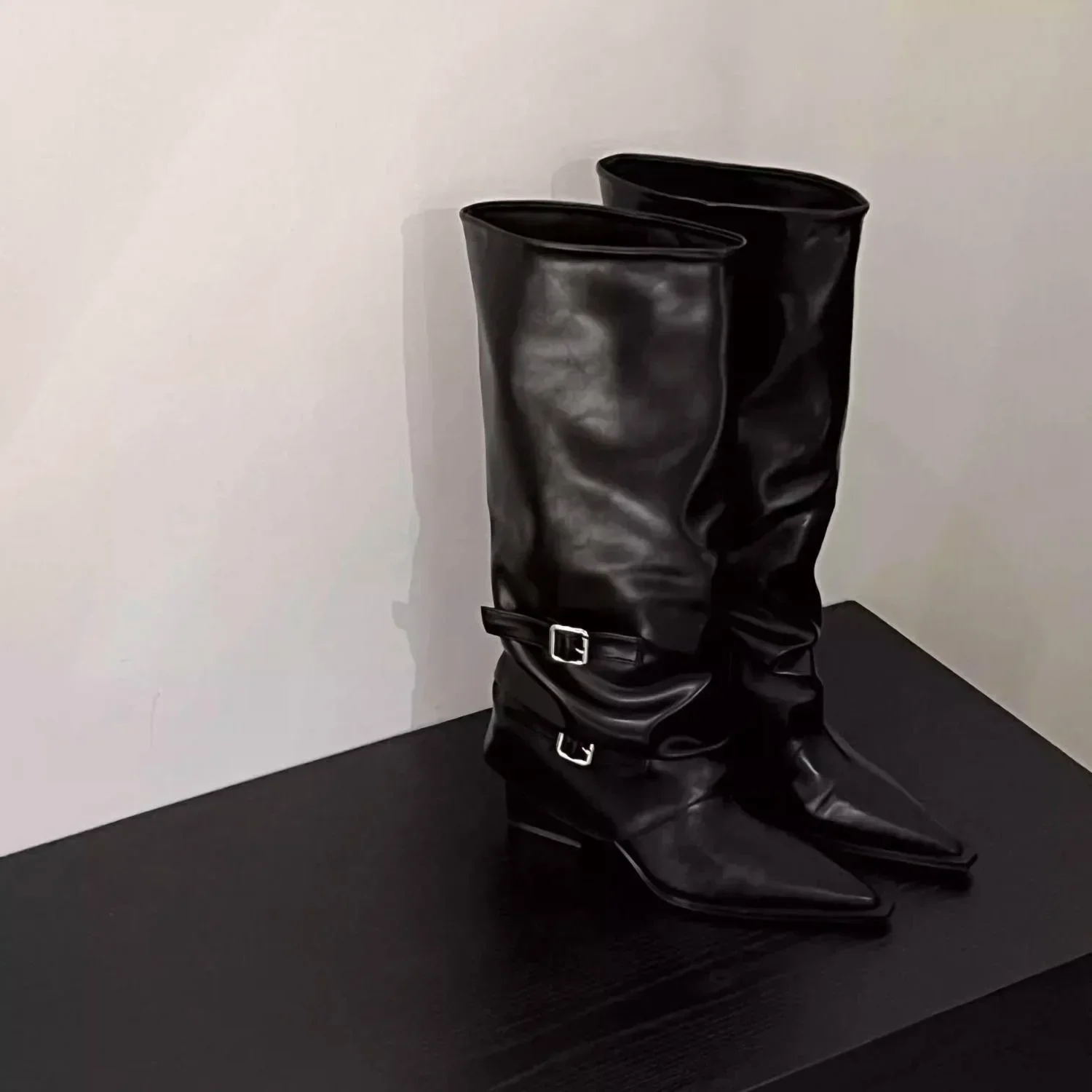 Vintage Thick Heel Woman Long Boots Shoes Spring Autumn Ladies Elegant Belt Buckle Knight Botas