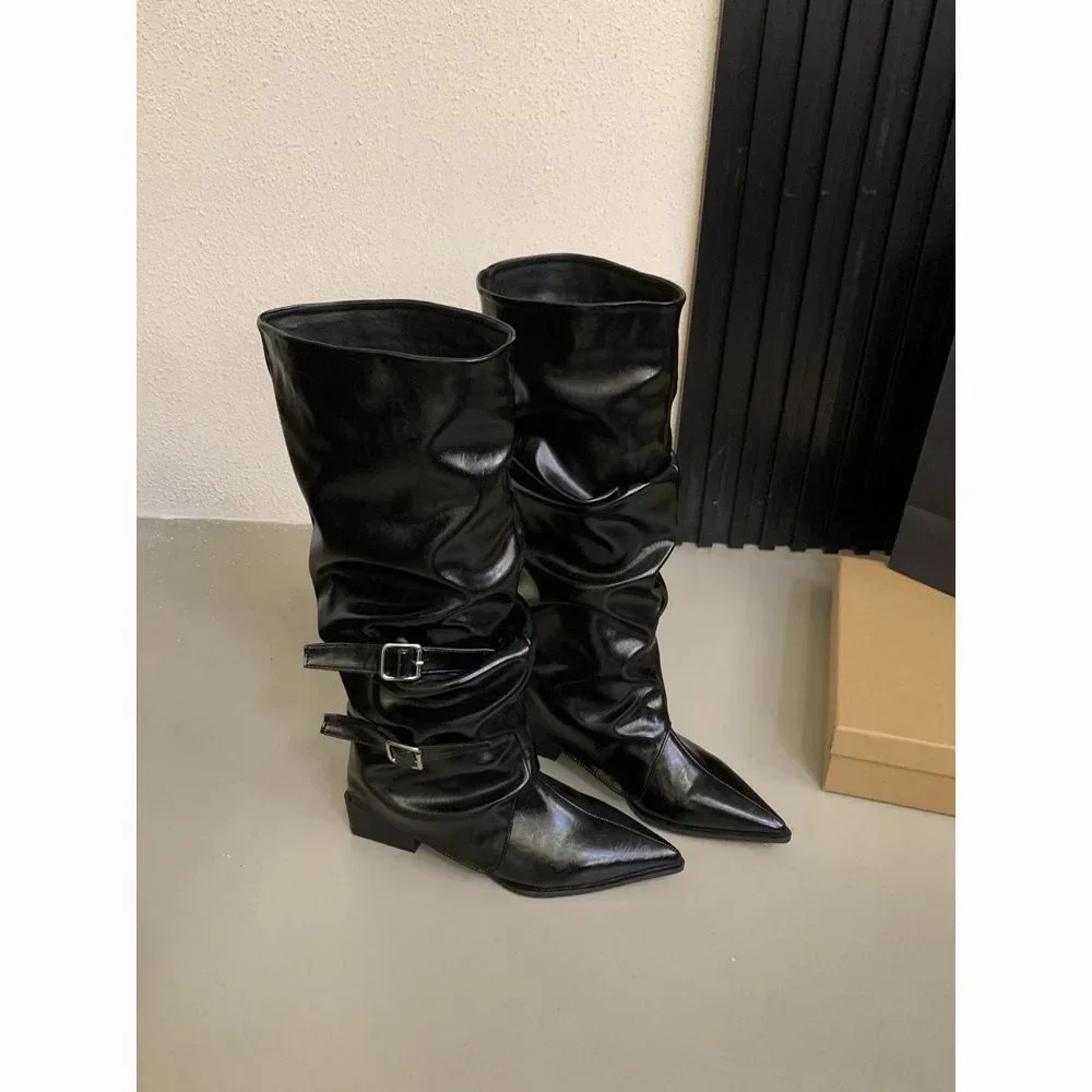 Vintage Thick Heel Woman Long Boots Shoes Spring Autumn Ladies Elegant Belt Buckle Knight Botas