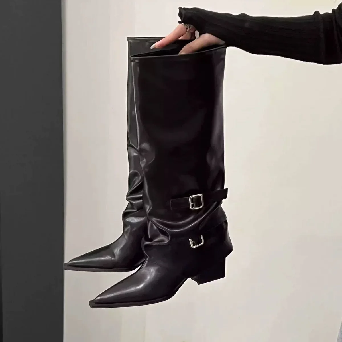 Vintage Thick Heel Woman Long Boots Shoes Spring Autumn Ladies Elegant Belt Buckle Knight Botas