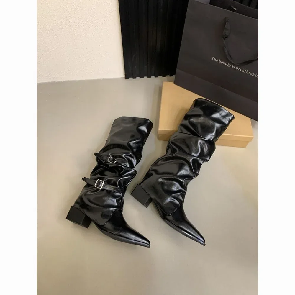 Vintage Thick Heel Woman Long Boots Shoes Spring Autumn Ladies Elegant Belt Buckle Knight Botas