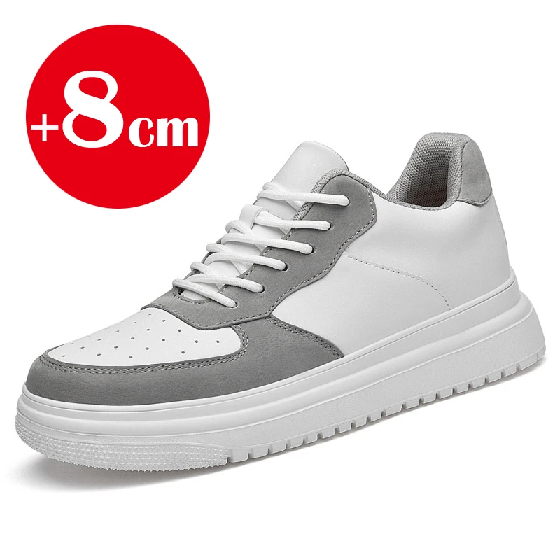 2025 New Height Increasing Shoes for Men 8cm Invisible Elevator Sneakers White Leathe Sport Zapatillas De Hombre Big Size 46