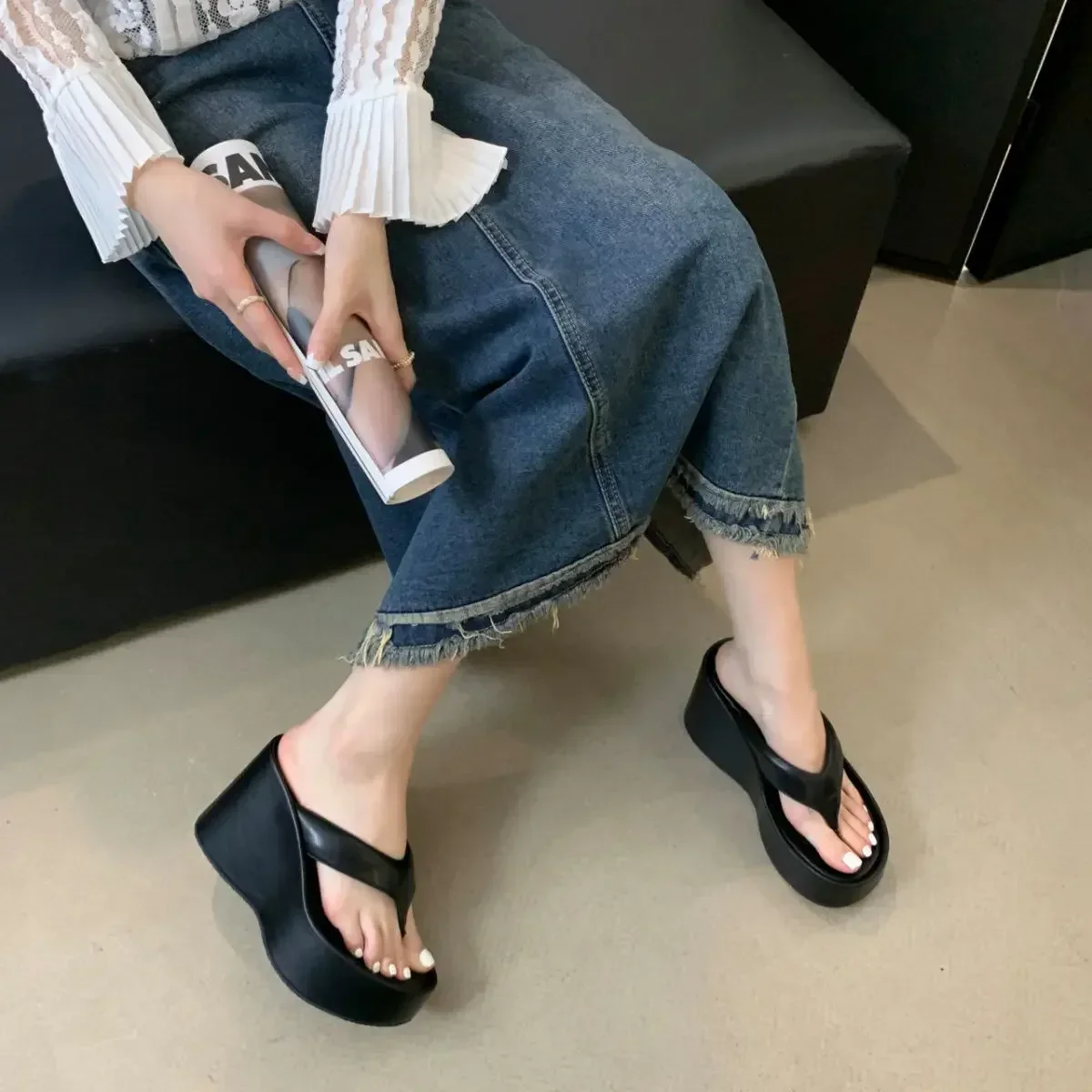 2026 New Design Summer Chunky Woman Slippers Fashion Platform Wedges High Heel Silvery Ladies Shoes Zapatillas De Mujer
