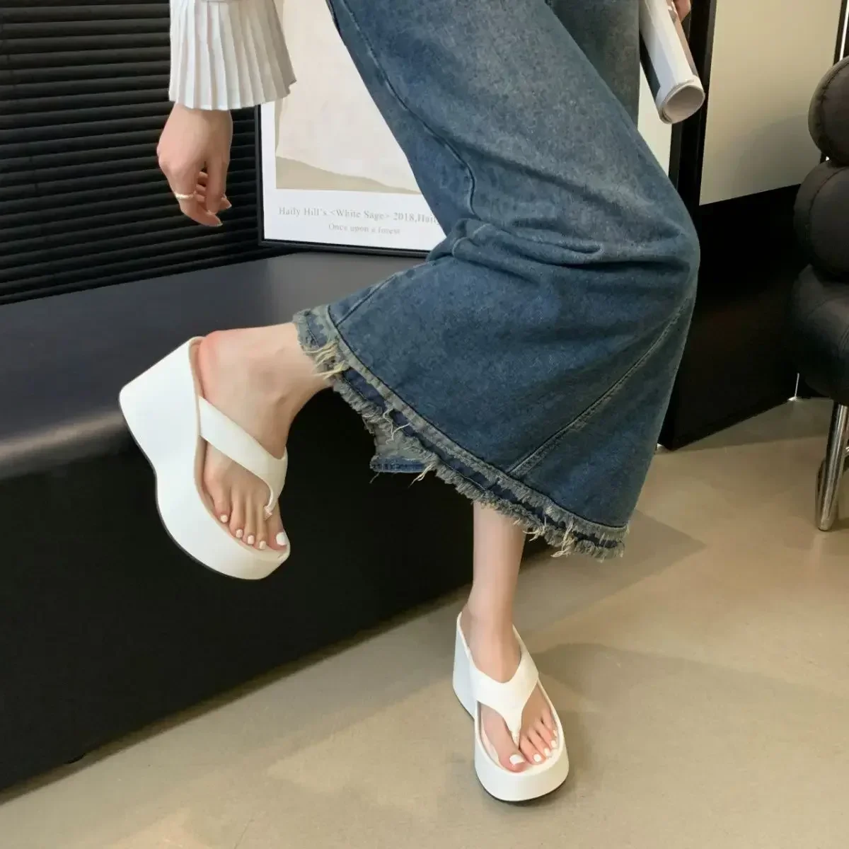 2026 New Design Summer Chunky Woman Slippers Fashion Platform Wedges High Heel Silvery Ladies Shoes Zapatillas De Mujer