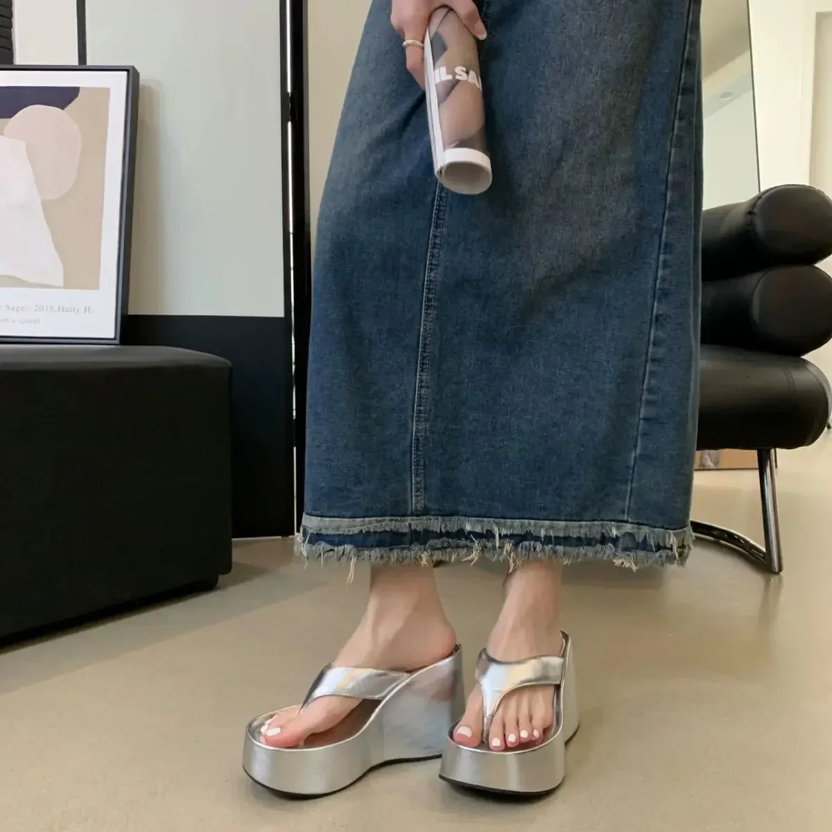 2026 New Design Summer Chunky Woman Slippers Fashion Platform Wedges High Heel Silvery Ladies Shoes Zapatillas De Mujer