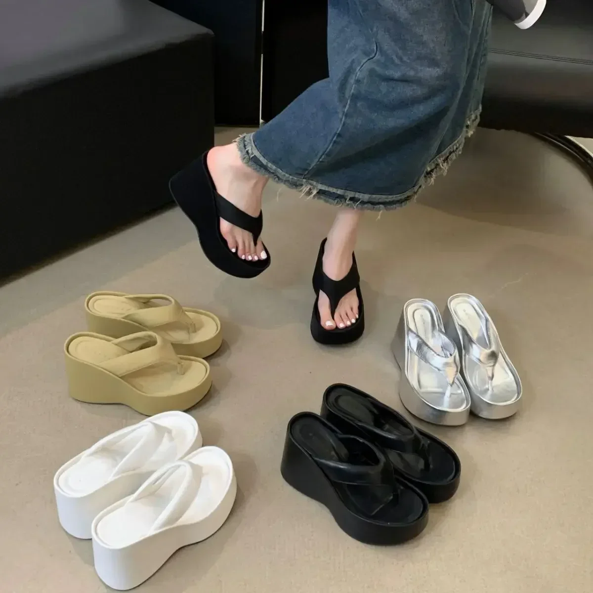2026 New Design Summer Chunky Woman Slippers Fashion Platform Wedges High Heel Silvery Ladies Shoes Zapatillas De Mujer