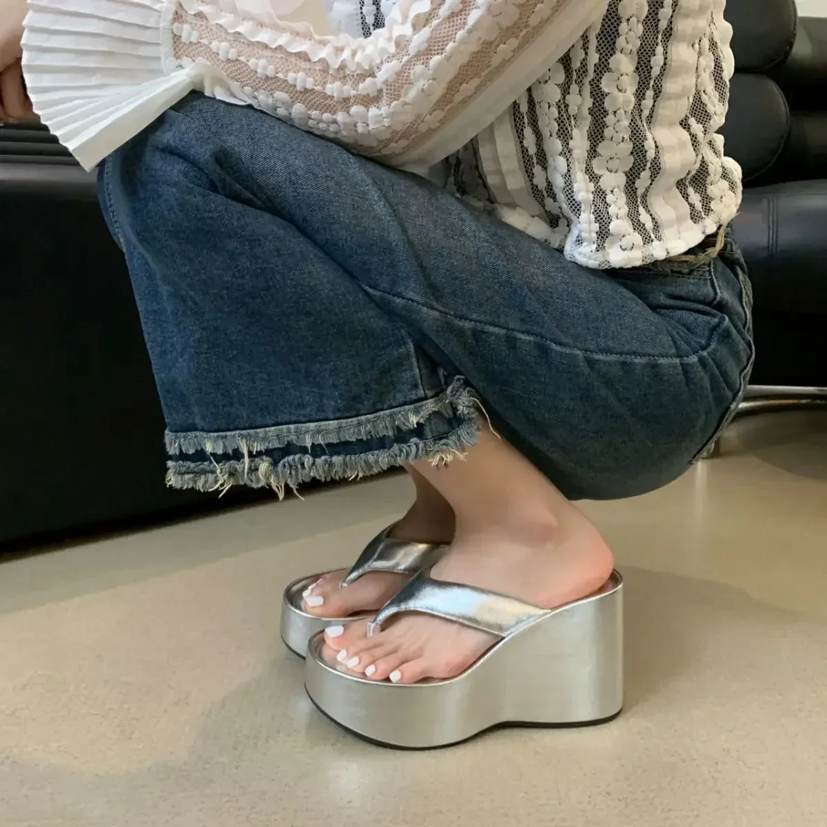 2026 New Design Summer Chunky Woman Slippers Fashion Platform Wedges High Heel Silvery Ladies Shoes Zapatillas De Mujer