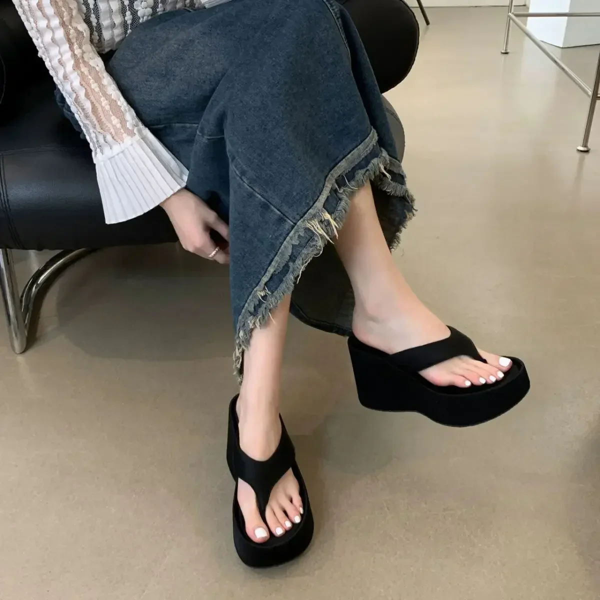 2026 New Design Summer Chunky Woman Slippers Fashion Platform Wedges High Heel Silvery Ladies Shoes Zapatillas De Mujer