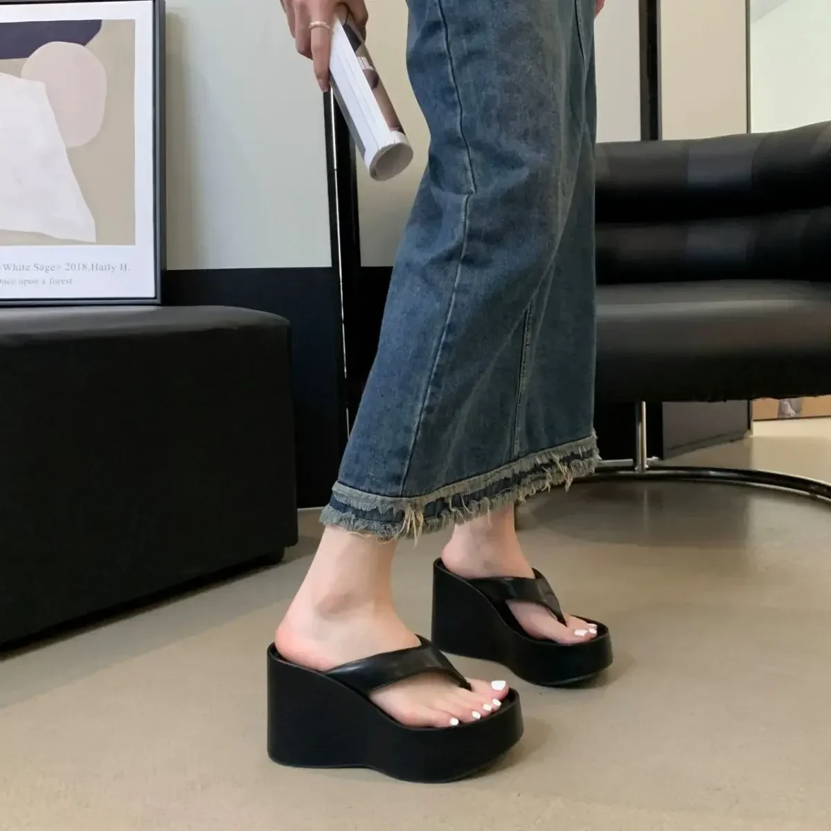 2026 New Design Summer Chunky Woman Slippers Fashion Platform Wedges High Heel Silvery Ladies Shoes Zapatillas De Mujer