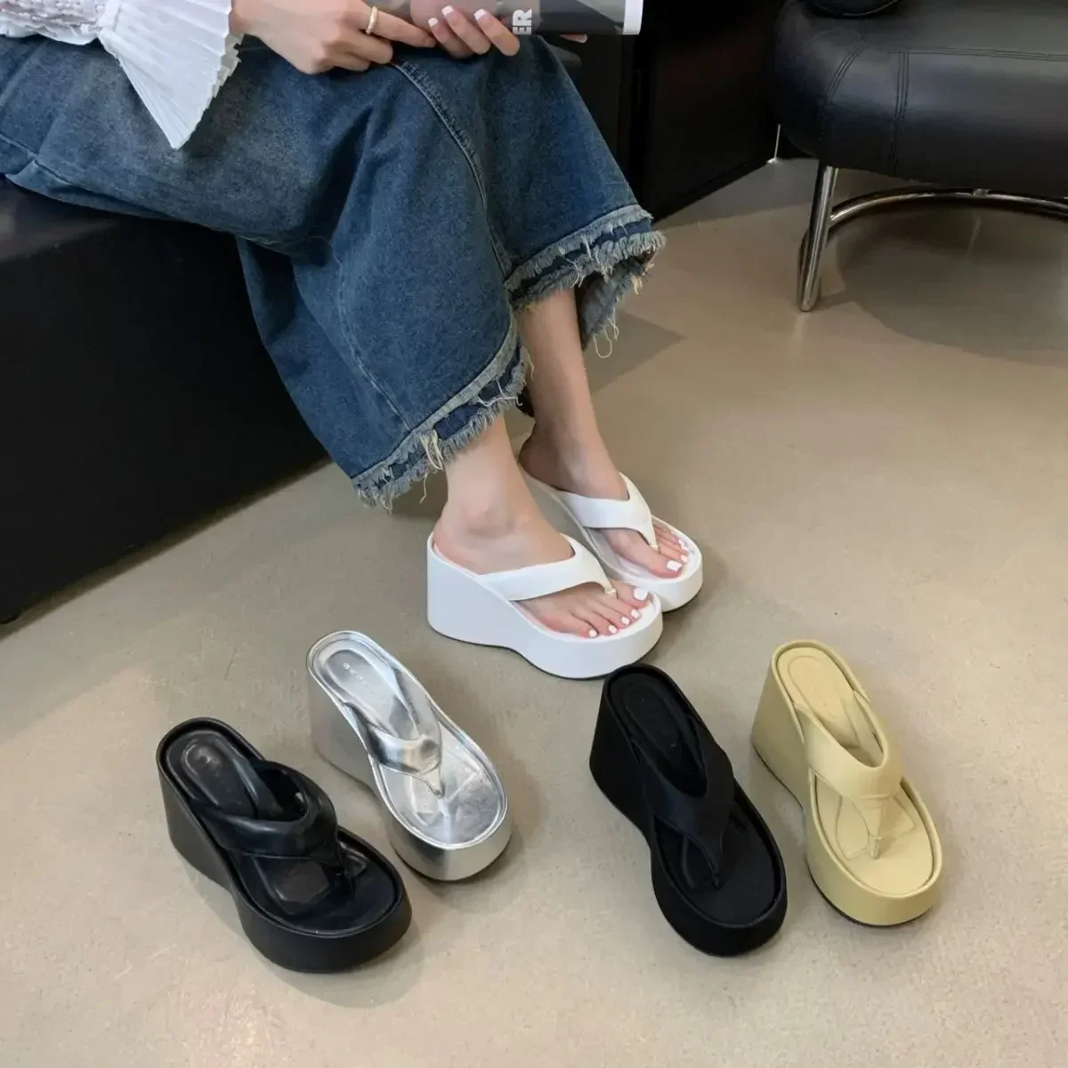 2026 New Design Summer Chunky Woman Slippers Fashion Platform Wedges High Heel Silvery Ladies Shoes Zapatillas De Mujer