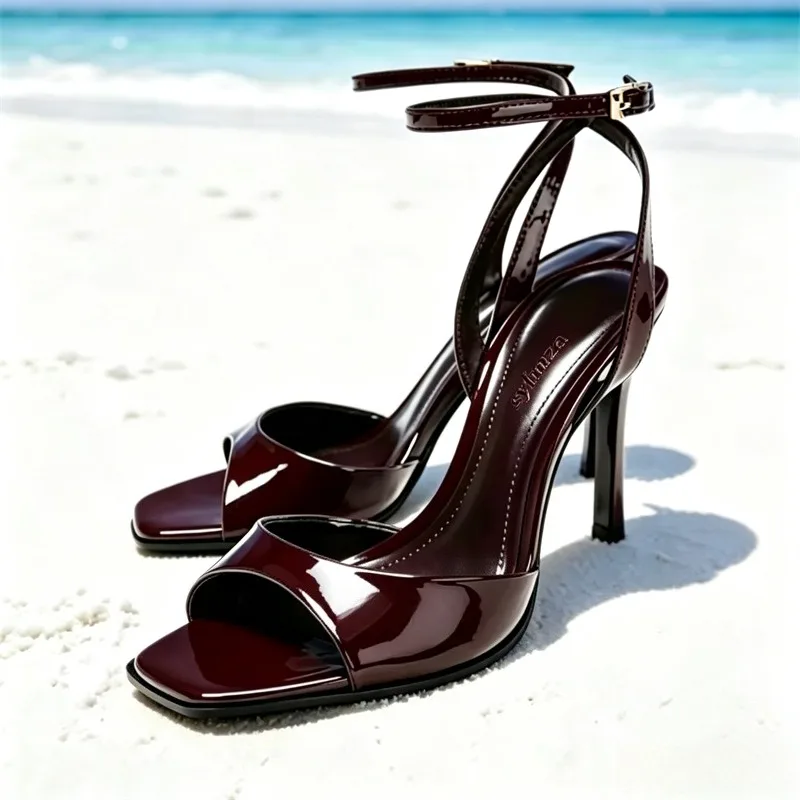 Gold Patent Leather Ankle Buckle High Heeled Sandals Women Sexy Square Toe Open Toe High Heels Summer Fashion Party Office Shoes