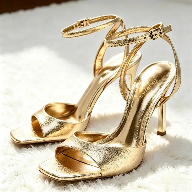 Gold Patent Leather Ankle Buckle High Heeled Sandals Women Sexy Square Toe Open Toe High Heels Summer Fashion Party Office Shoes