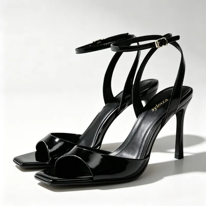 Gold Patent Leather Ankle Buckle High Heeled Sandals Women Sexy Square Toe Open Toe High Heels Summer Fashion Party Office Shoes