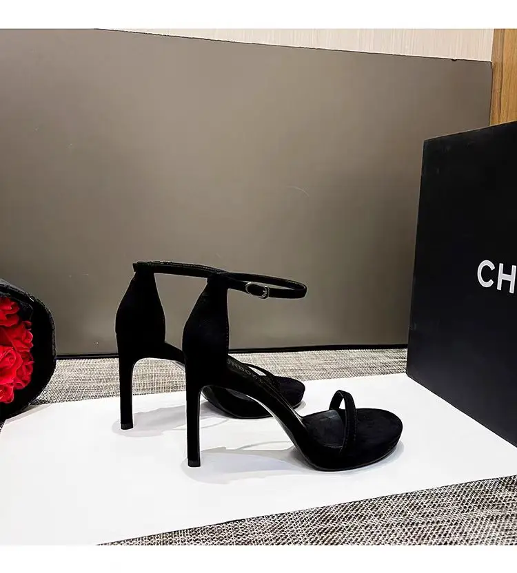New 2025 Black Sexy Open-Toe High Heels Women'sSummer Thin Heel Ultra-High Platform Waterproof Stiletto Shoes Korean Style