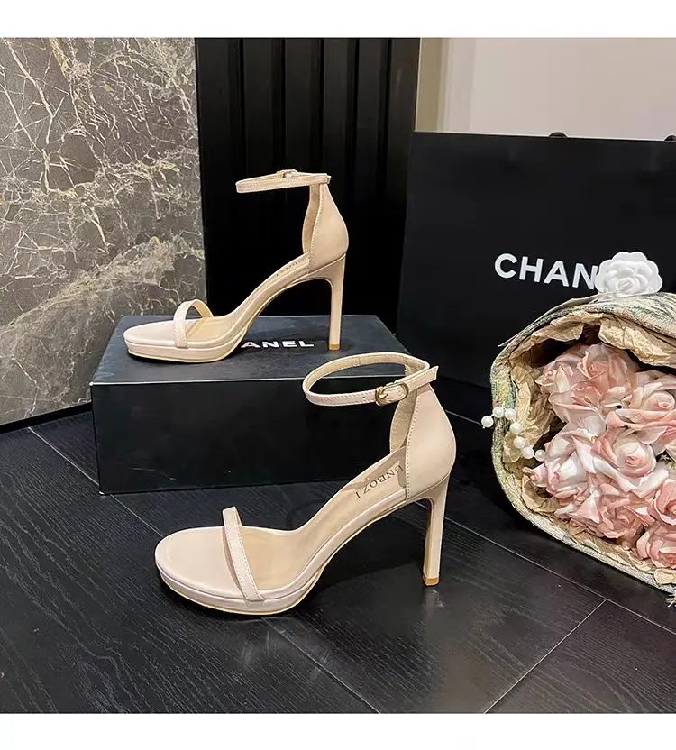New 2025 Black Sexy Open-Toe High Heels Women'sSummer Thin Heel Ultra-High Platform Waterproof Stiletto Shoes Korean Style