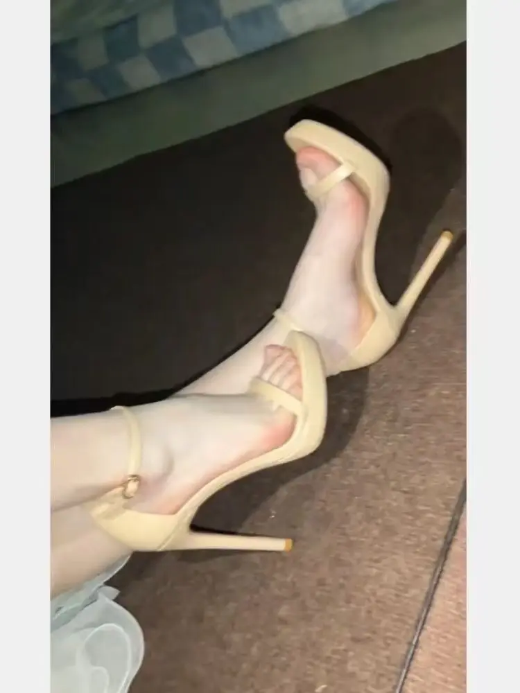 New 2025 Black Sexy Open-Toe High Heels Women'sSummer Thin Heel Ultra-High Platform Waterproof Stiletto Shoes Korean Style