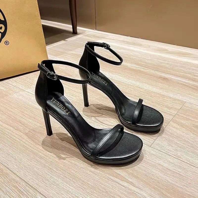 New 2025 Black Sexy Open-Toe High Heels Women'sSummer Thin Heel Ultra-High Platform Waterproof Stiletto Shoes Korean Style