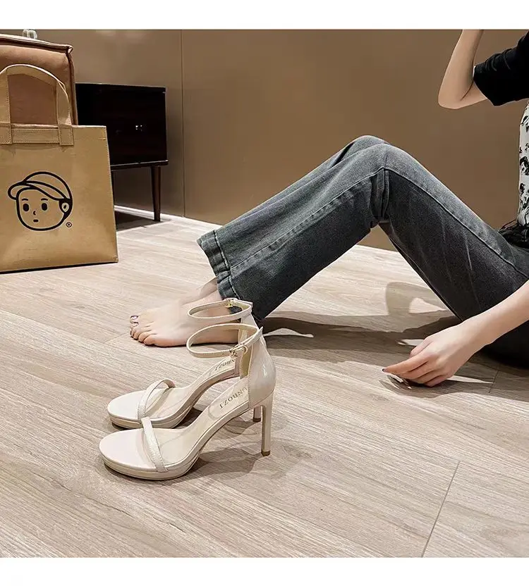 New 2025 Black Sexy Open-Toe High Heels Women'sSummer Thin Heel Ultra-High Platform Waterproof Stiletto Shoes Korean Style