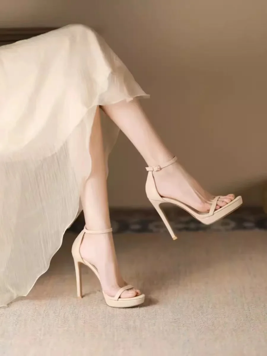 New 2025 Black Sexy Open-Toe High Heels Women'sSummer Thin Heel Ultra-High Platform Waterproof Stiletto Shoes Korean Style