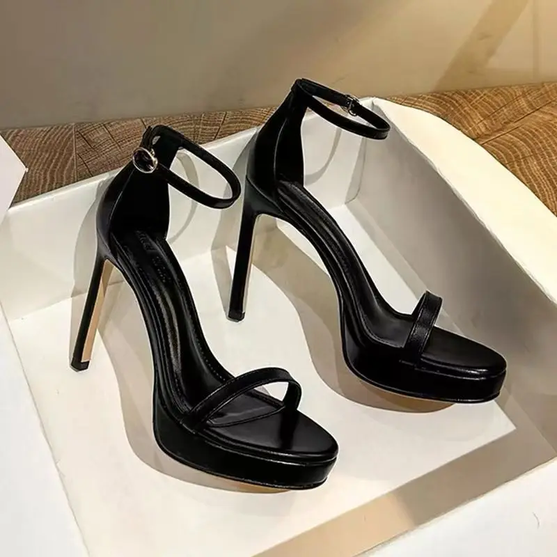 New 2025 Black Sexy Open-Toe High Heels Women'sSummer Thin Heel Ultra-High Platform Waterproof Stiletto Shoes Korean Style