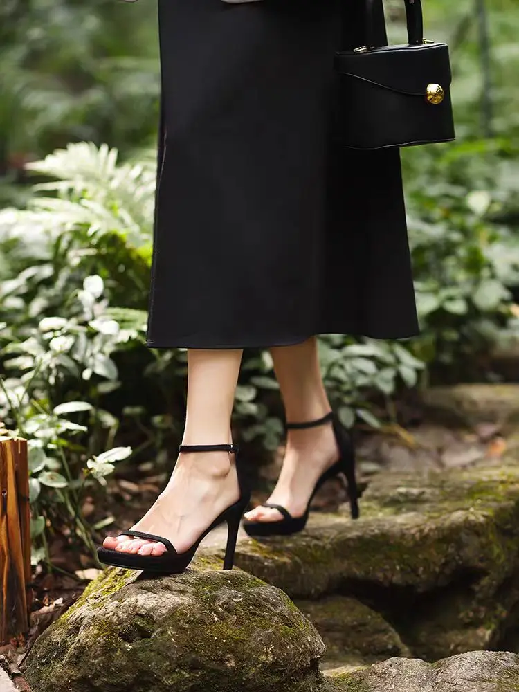 New 2025 Black Sexy Open-Toe High Heels Women'sSummer Thin Heel Ultra-High Platform Waterproof Stiletto Shoes Korean Style