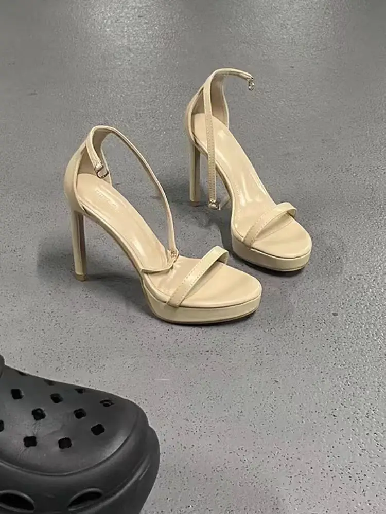 New 2025 Black Sexy Open-Toe High Heels Women'sSummer Thin Heel Ultra-High Platform Waterproof Stiletto Shoes Korean Style